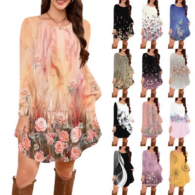 Женское платье-футболка с длинным рукавом, круглым вырезом, длиной до колена, свободного кроя, повседневное и с карманами