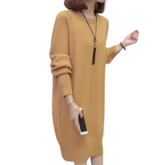 Женское платье-свитер с круглым вырезом, вязаное однотонное свободное эластичное платье с длинными рукавами и толстым теплым пуловером длиной до середины икры, женское осеннее платье миди