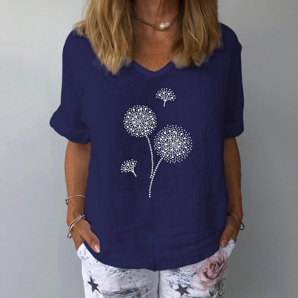 Short Sleeved Cotton and Linen Loose Casual Dandelion Printed Top