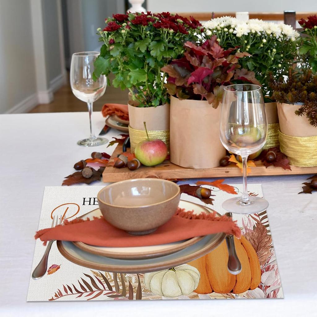 ONFAON Fall Decorations for Home,Fall Placemats Set of 4,Orange Hello Pumpkin Leaves Washable Table Dinner Mats for Autumn Farmhouse Home Kitchen