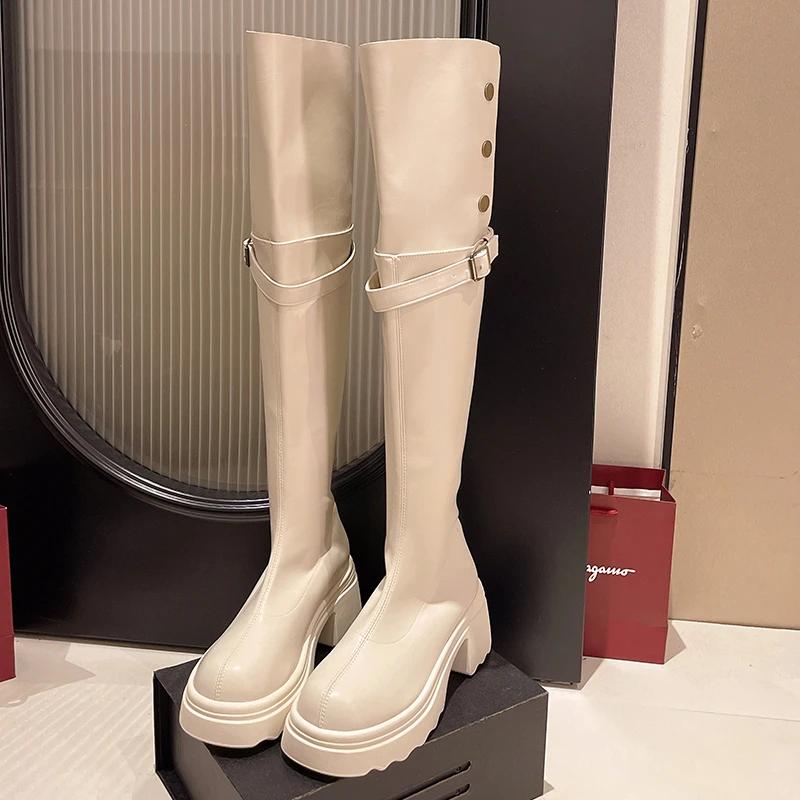 Fashion Ladies Shoes 2024 Brand Over-the-Knee Women's Boots Fashion Slip-on Hot Sale Round Toe Platform Belt Buckle Sexy Shoes Women