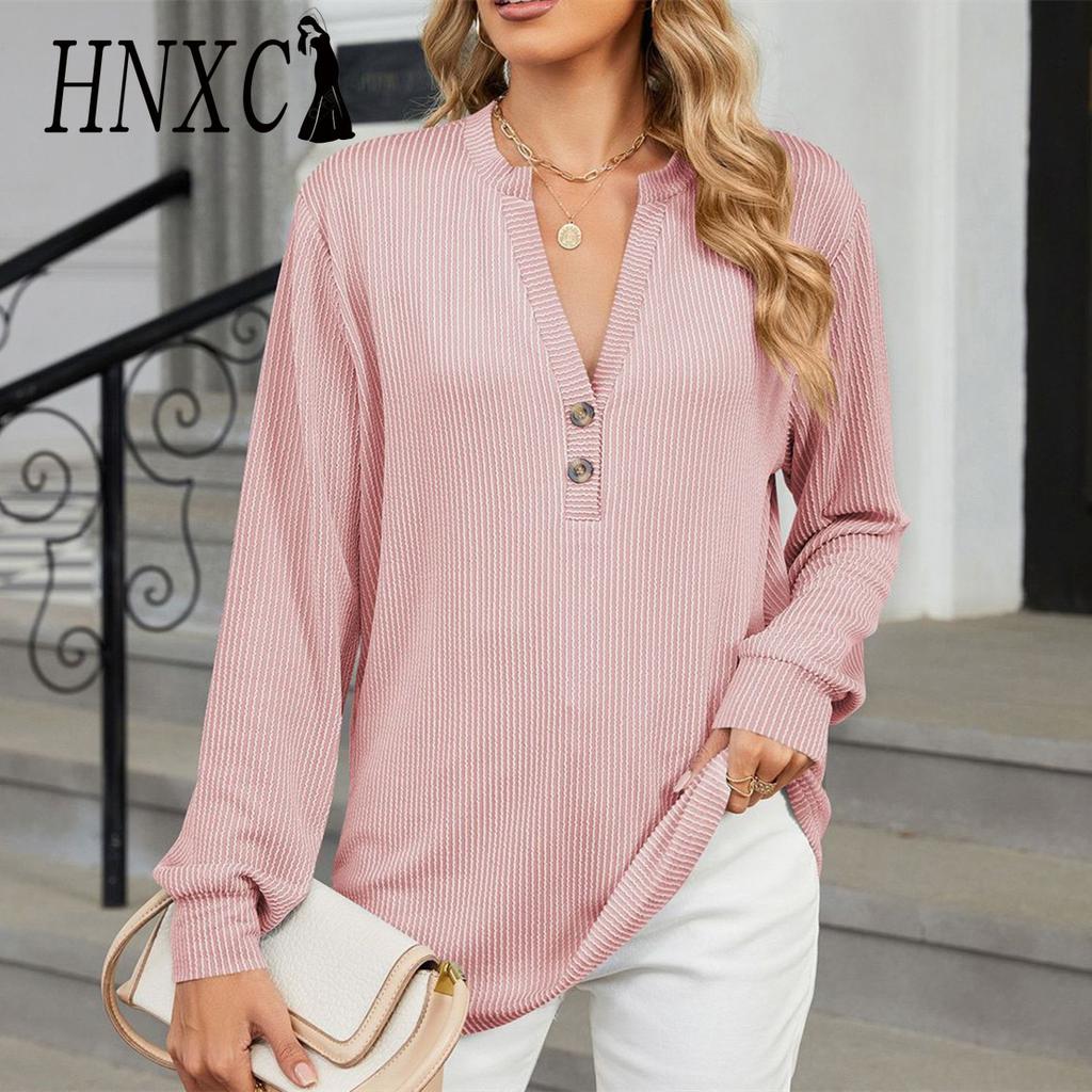HNXC Women's Fashion Casual Autumn Winter Solid Color Print Long Sleeve V Neck Blouses & Shirts