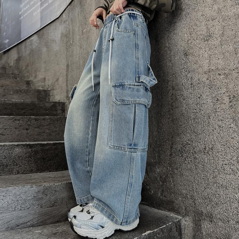 Весна Осень Джинсы Карго Для Девочек Свободные Повседневные Брюки Широкие Брюки Для Подростков Детские Уличные Дизайнерские Детские Брюки
