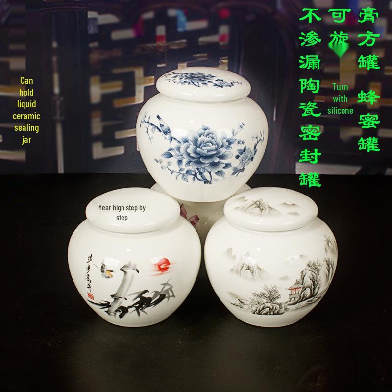 Герметичная сине-белая фарфоровая керамическая банка для меда с закручивающейся силиконовой крышкой