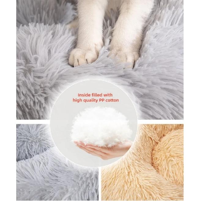 Fluffy Round Donuts Dog Bed Sofa Plush Couch for Small Cat Bed Soft Cozy Pet Mat in Beige Brown Gray Pink Blue Sizes S to XXXL