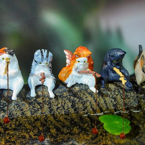 Cat Fishing Figurine Mini Resin Cute Cat Statue Miniature Fish Tank Landscaping Aquarium Decor for Fairy Garden Home Decor