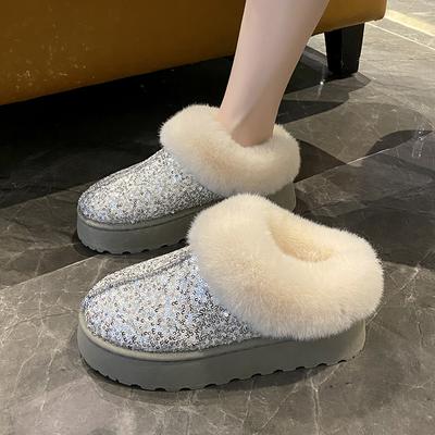 Модные зимние ботильоны из искусственного меха с блестками для женщин, нескользящие плюшевые зимние ботинки для женщин, толстая подошва, теплая обувь на платформе, Botas Mujer