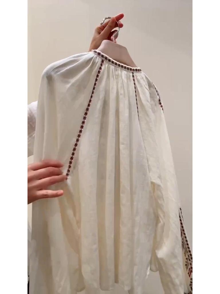 Женская французская этническая вышитая рубашка из чистого хлопка с длинными рукавами-фонариками, ранний сезон 2026