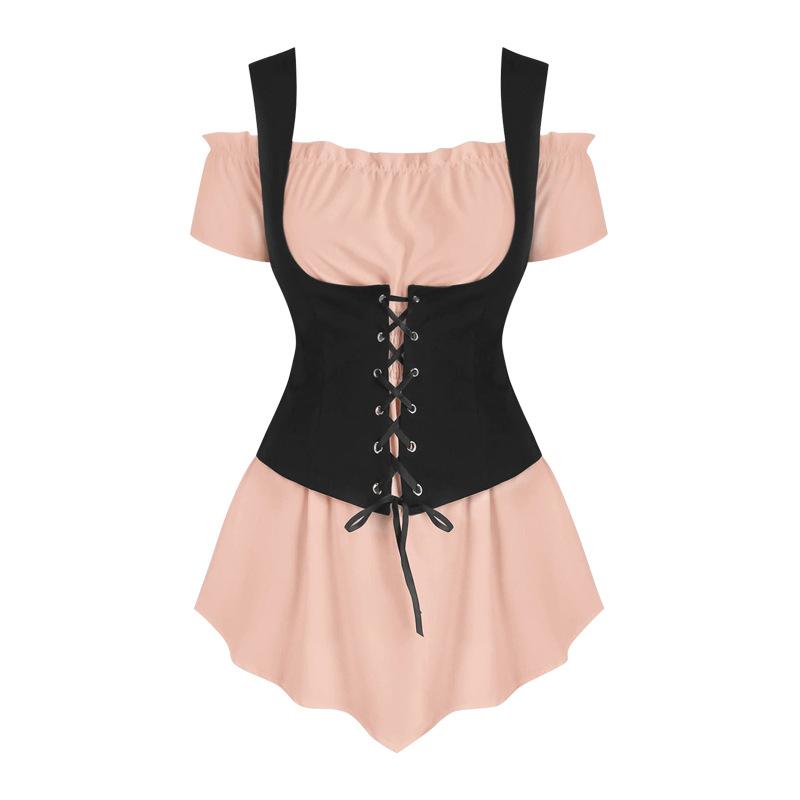 2025 Fashion Literature Retro Steampunk Boat Neck Shirt Lace-Up Vest Punk Style Two-Piece Set for Women