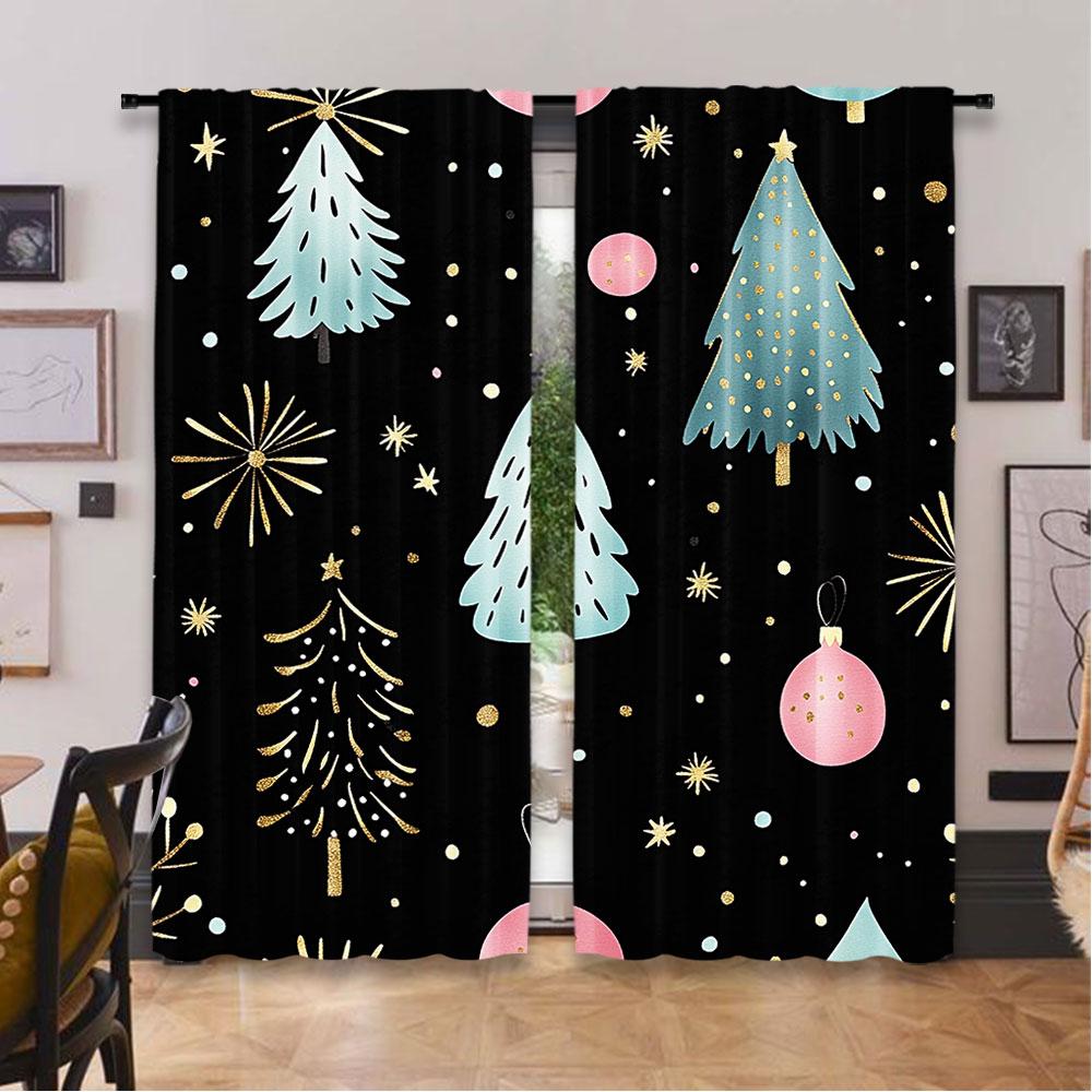 2Pcs Christmas Curtain Pink Blue Black Xmas Pine Tree Forest Snowflake Star Winter Holiday Rustic Nature