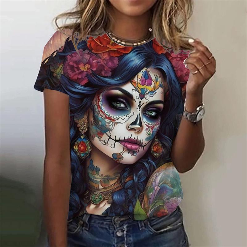 Summer Round Neck 3D Skull Printed Top Fashionable Casual Short Sleeved Women's T-shirts