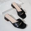 2025 Summer New Fashion Open Toe Solid Color Simple Leather Surface Versatile Color Large Slippers Square Heel Shoes Women
