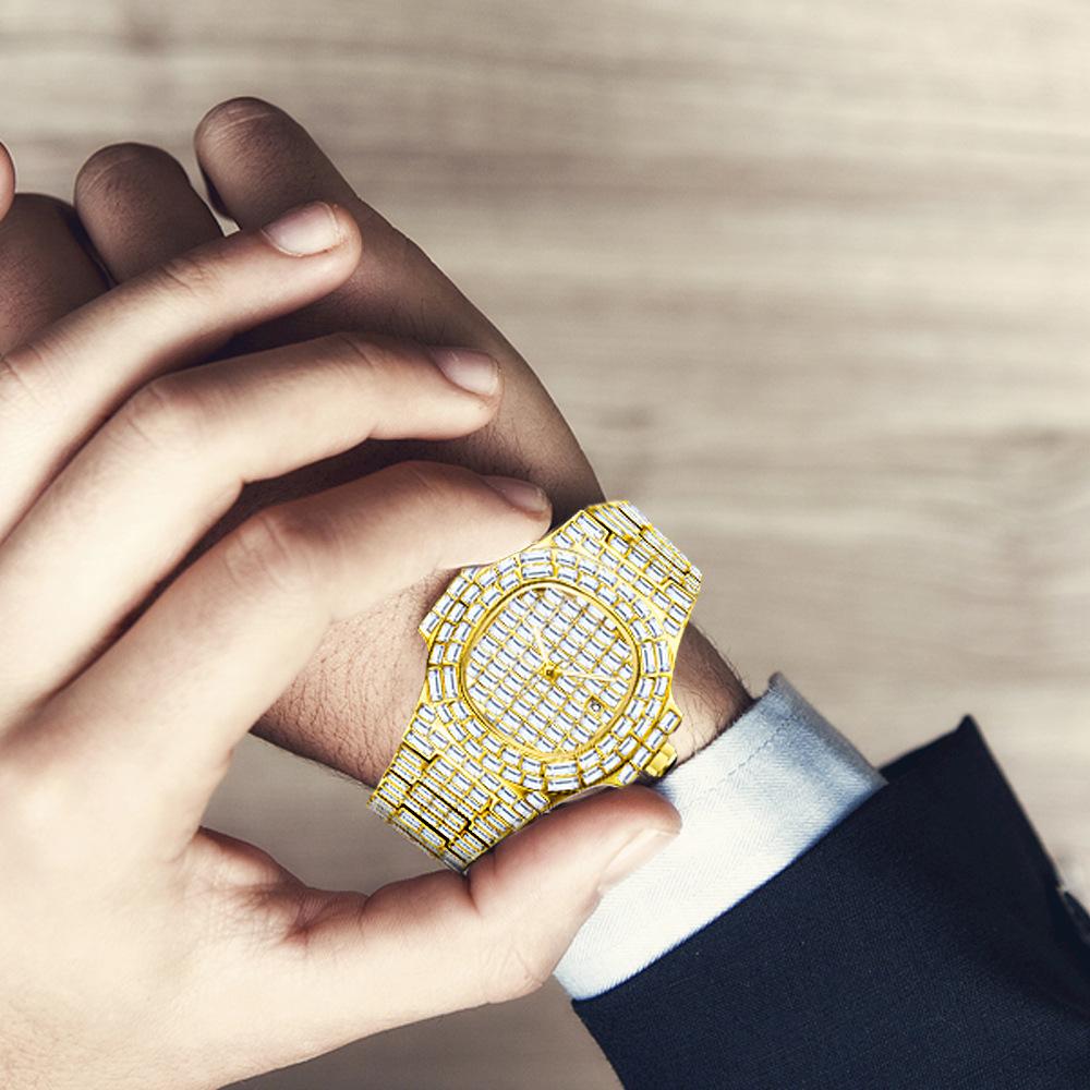 MISSFOX-Waterproof Calendar Luxury Full Diamond Square Diamond Мужские кварцевые часы в стиле хип-хоп