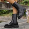 Fashion Comemore Fashion Black PU Leather Mid Calf Boots Women Thick Sole Black Boots Woman Autumn Winter Lace Up Platform Botas Mujer