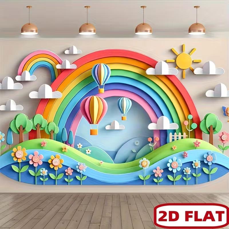 Гобелен «Радужный воздушный шар», 3D-вырезка из бумаги с цветочным фоном, Милый декор для стены детской комнаты