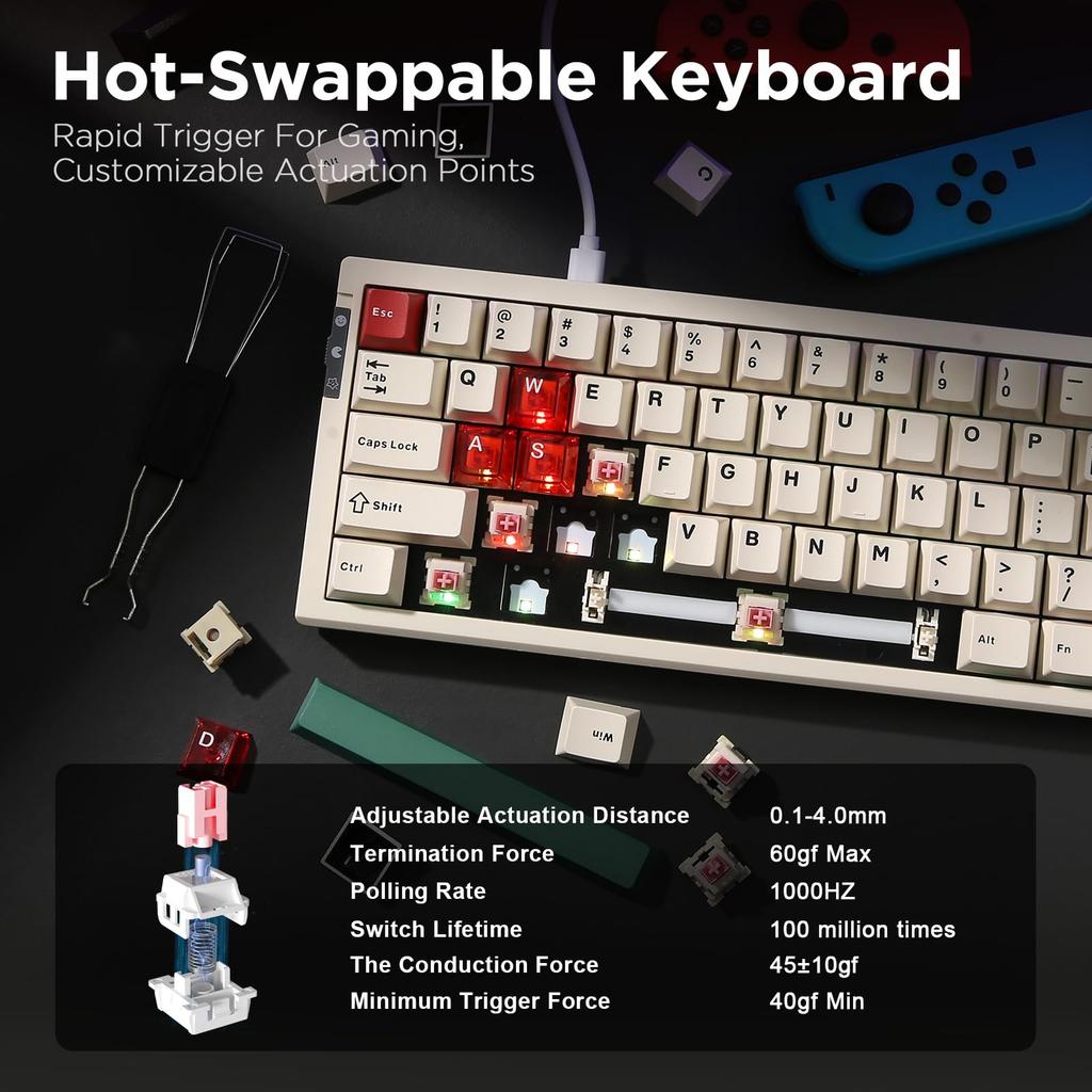 YUNZII RT68 Игровая механическая магнитная клавиатура 68 клавиш с быстрым срабатыванием, колпачки PBT, регулируемое усилие срабатывания, TKL, переключатели, RGB, проводная,