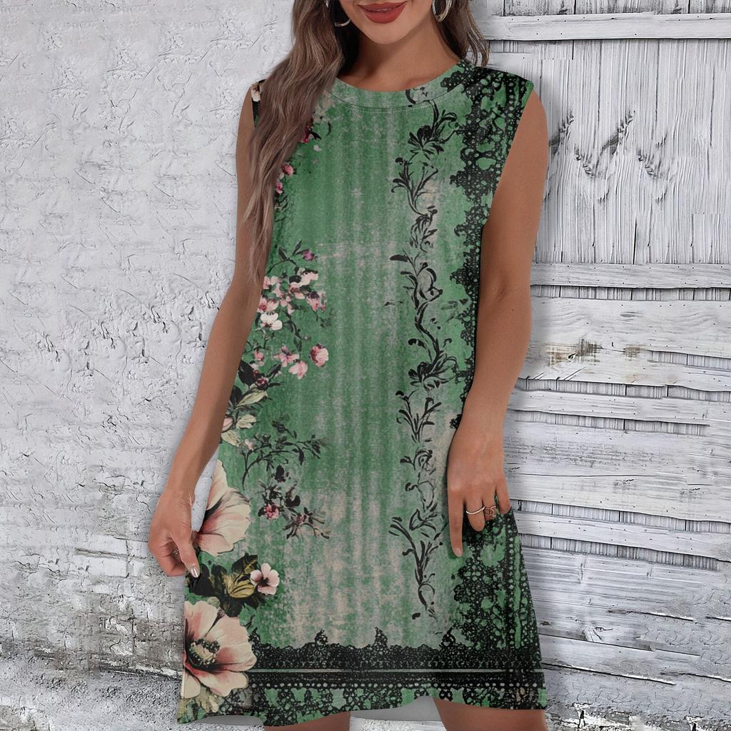 Women's Casual And Fashionable Round-neck Sleeveless Printing Mid Length Dress