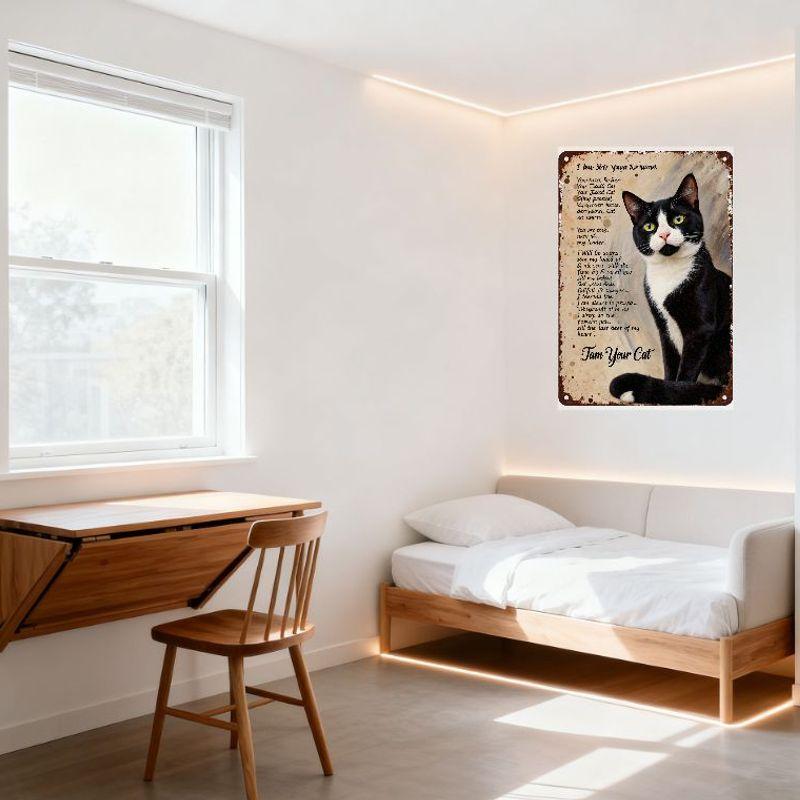 Винтажная металлическая табличка с изображением кота-смокинга и рукописным стихотворением 'Я НЕ ТВОЯ ПОВОРОТНАЯ' - Рустикальный черно-белый кот с зелеными глазами, жестяная настенная