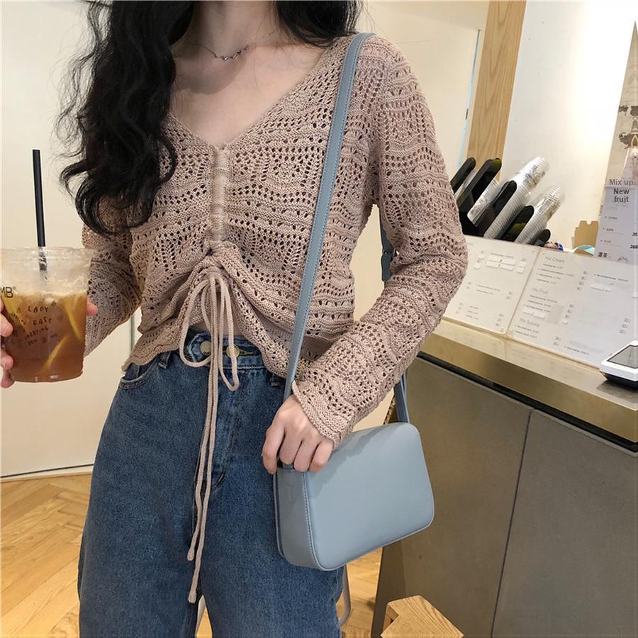 Summer Sexy Lolita Long Sleeve Hollow Knit Cover-up V-Neck Drawstring Sun Protection Short Sleeve Thin Sweater