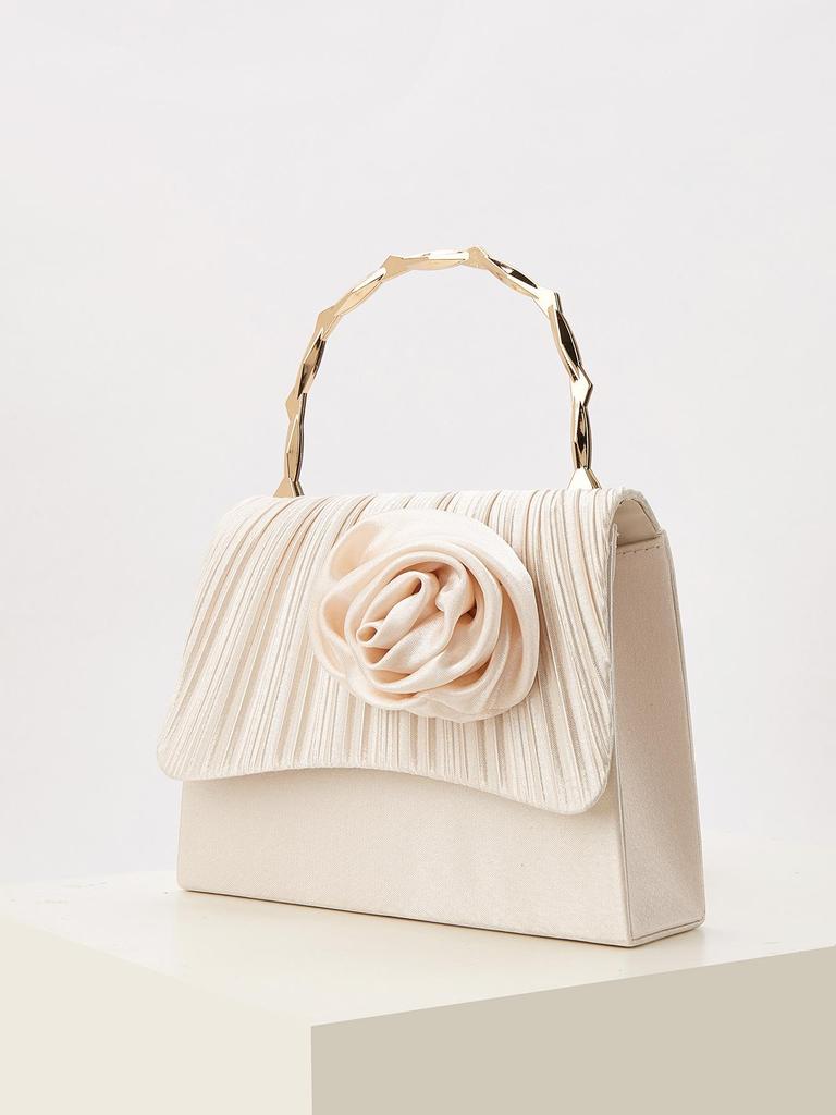 Gold-Bamboo Handle Pleated Satin Evening Bag with Floral Design