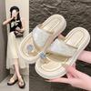 Thick-soled Slippers Outer Wear 2025 New Rhinestone Flat Heel Flat Bottom One-word Drag Fashion High-end Casual Toe Slippers