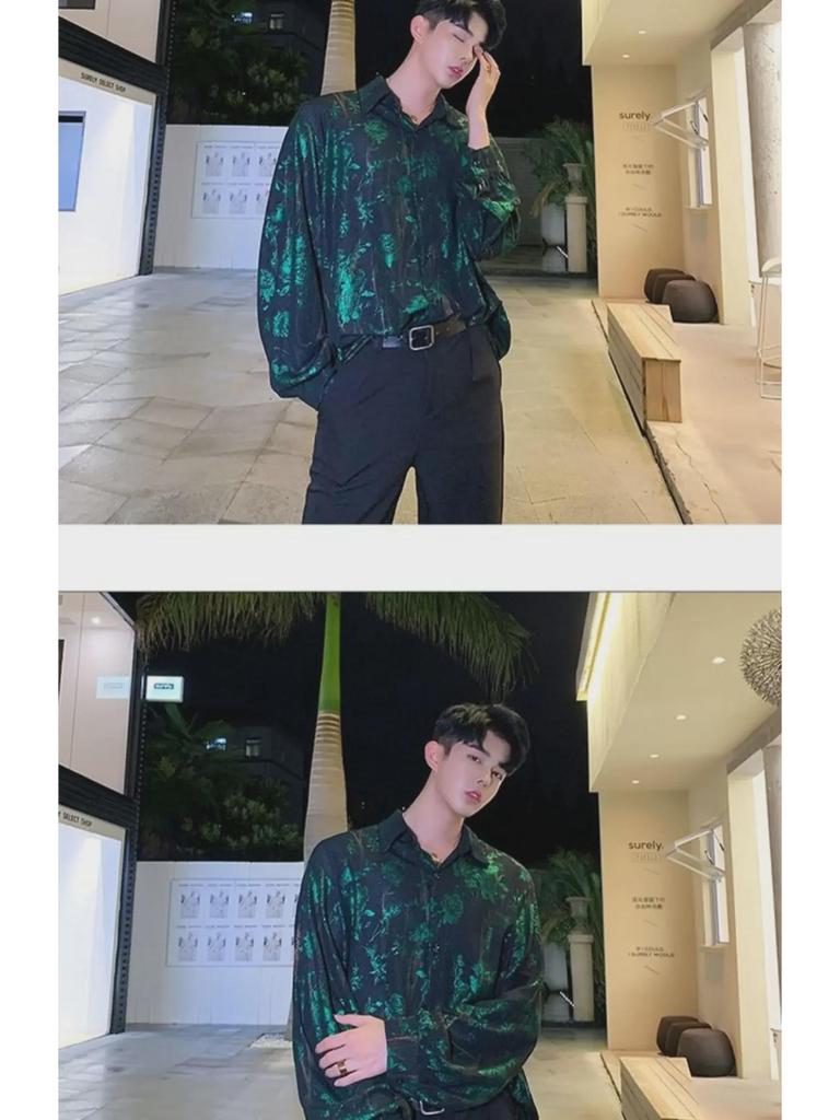 Men's Retro Rose Print Loose Western-Style Shiny Shirt for Trendy Hairdressers