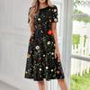 Women's Fashionable Print Round Neck Loose Short Sleeved Pocket Pullover Dress