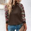 Women Fall Spring Sweatshirt Plaid Print Round Neck Loose Long Sleeves Patchwork Rhombus Texture Daily Wear Sport Top