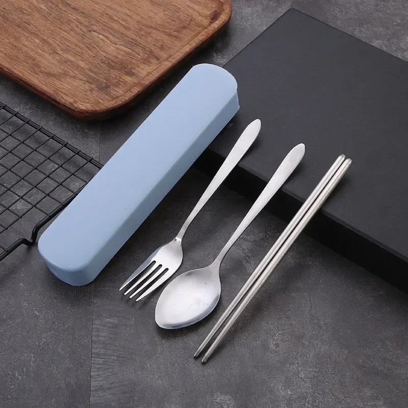 4Pcs/Set Travel Camping Cutlery Set Portable Tableware Stainless Steel Chopsticks Spoon Fork Steak Knife with Storage Case