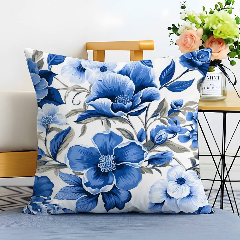 Elegant Blue Floral Pattern Pillow Case Printed Brushed Fleece Pillow Baby Skin-Touch Eco-Friendly Dye-Sublimat