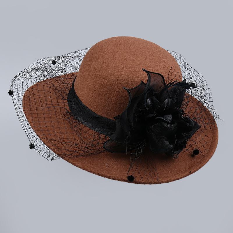 Autumn and winter new French Hepburn style tweed hat British retro felt hat mesh flower banquet top hat