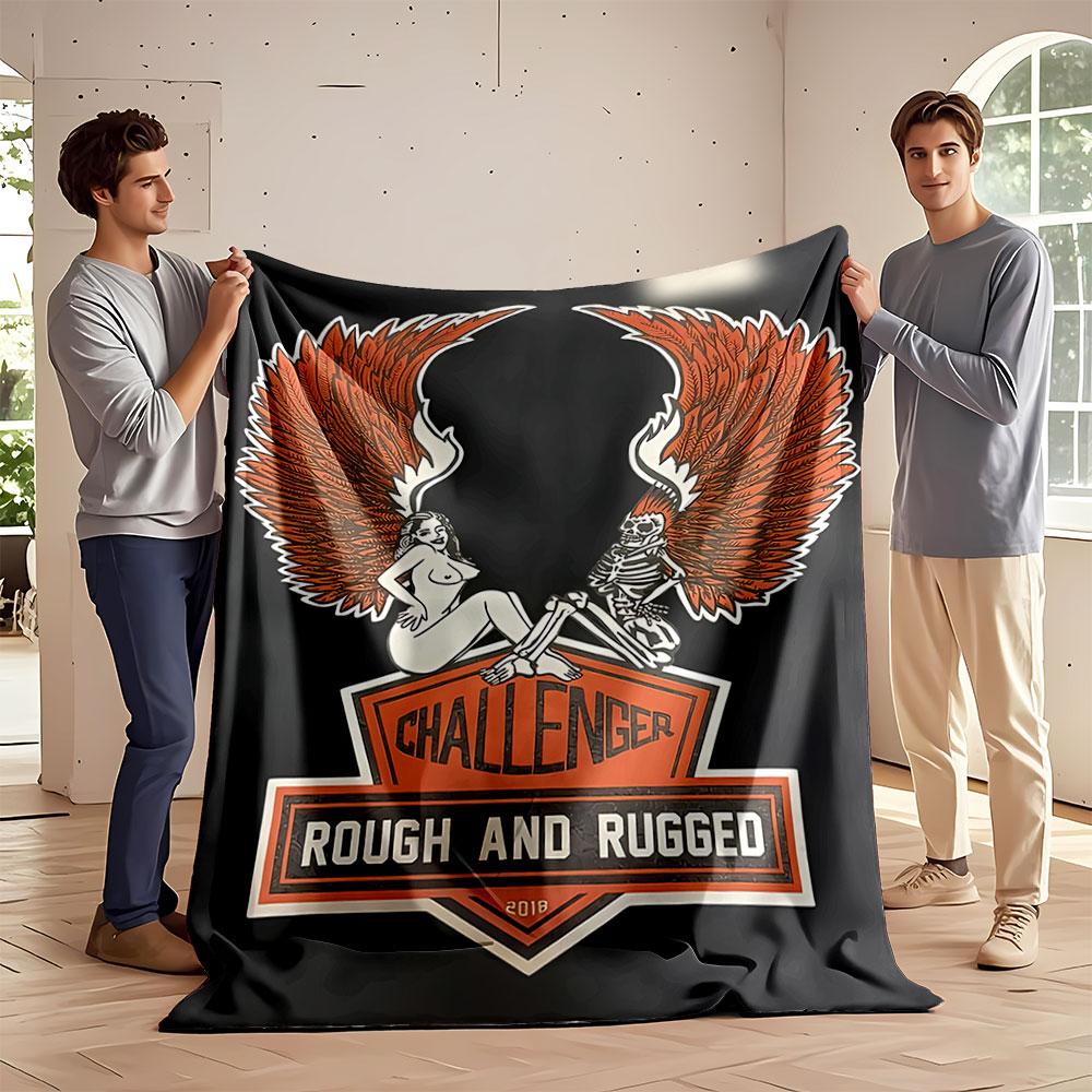 Skeleton and woman with large orange wings and a "Challenger" emblem. for all seasons blanket lunch break throw gift