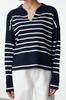 Женский модный стильный свитер темно-синий широкий вязаный свитер с воротником в полоску