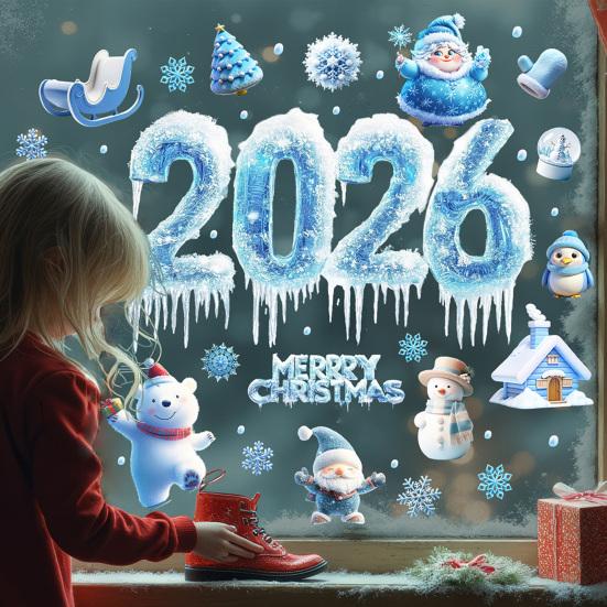 2026 Christmas Window Clings Blue Snowflake Ice Double-Sided Window Stickers PVC Decal for New Year Eve Glass Mirror Decor