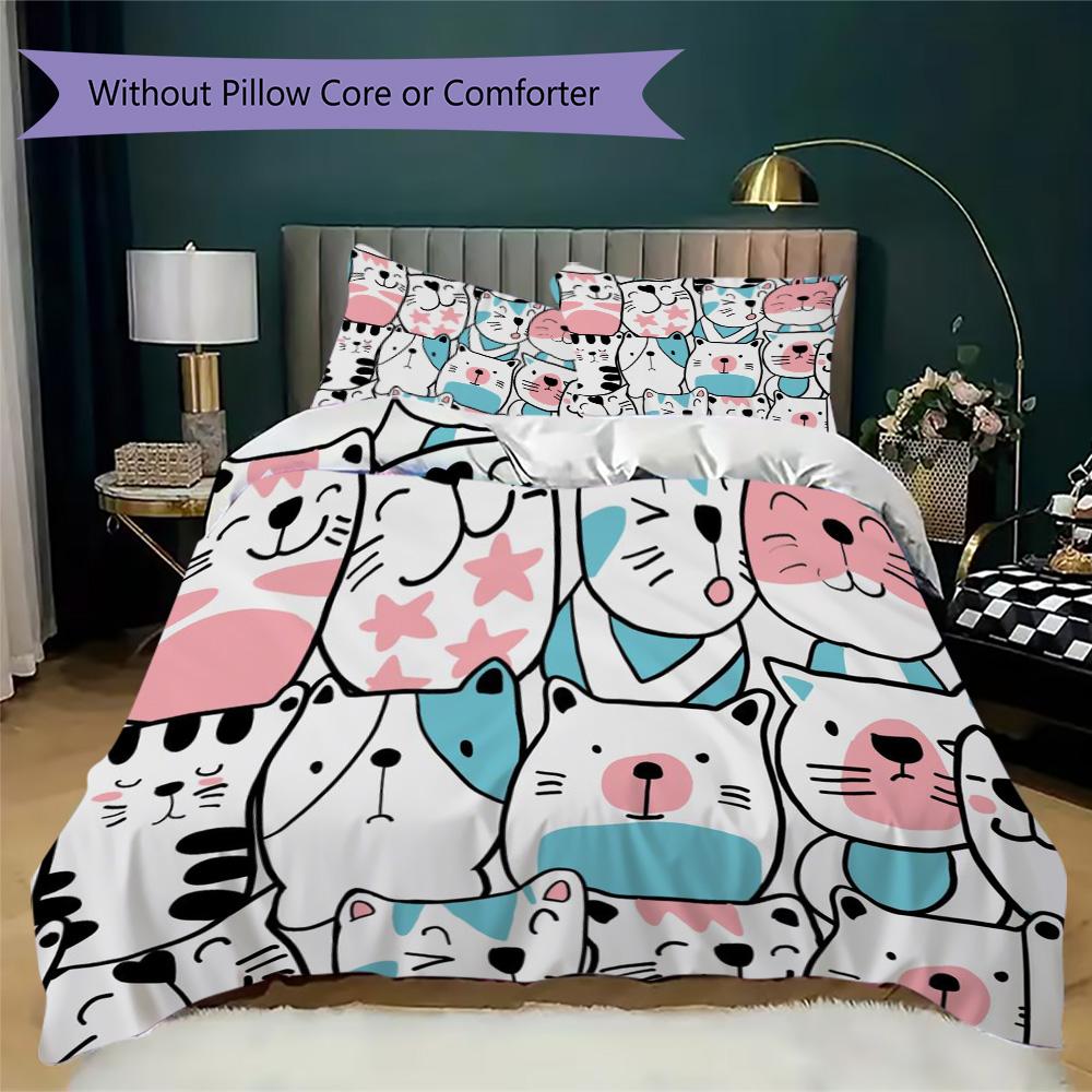 Cozy Cute Cartoon Cat & Animal Print Pattern Bedding,Quilt Set Quilt Cover Pillowcase Home Birthday Gift (1*duvet cover+2*pillowcase,without core)ZSJT