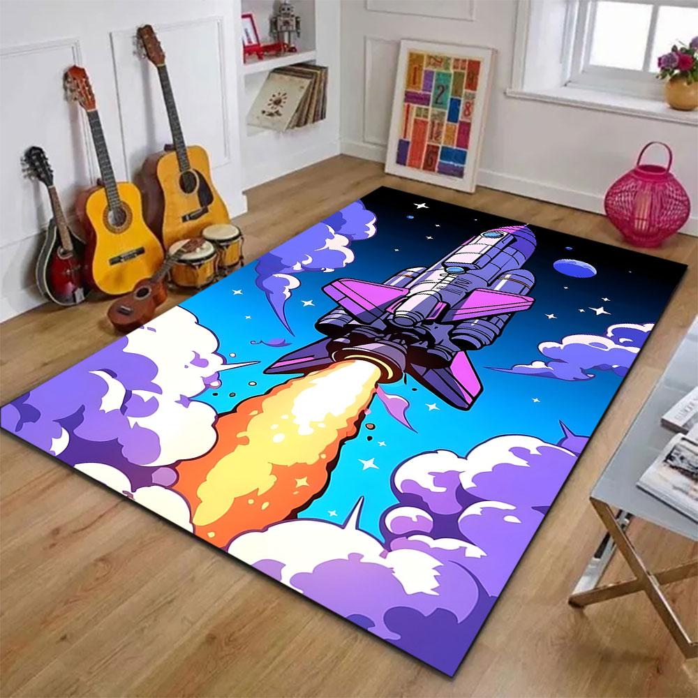 "Colorful Rocket Launch in Space" Patterned carpet, suitable as a non slip play mat for the living room and bedroom sofa