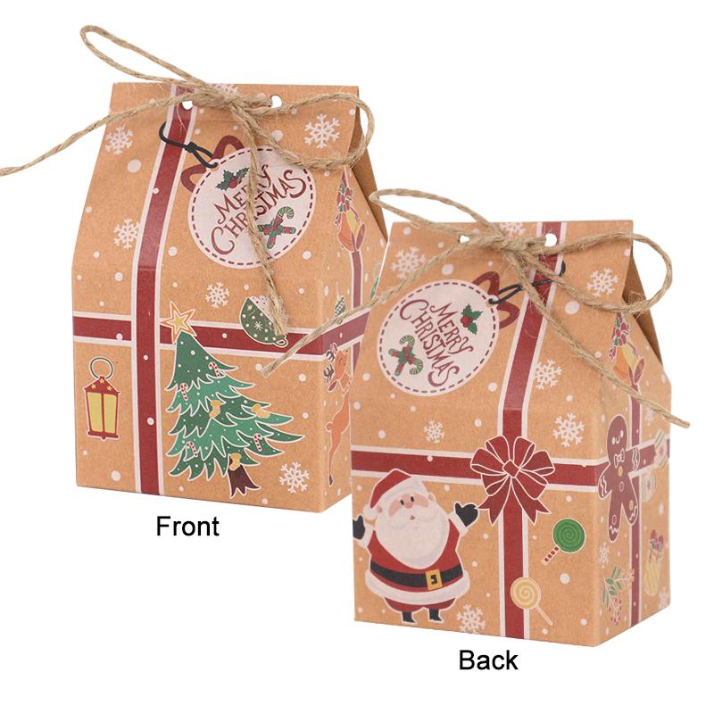 5/10 шт. Коробка для конфет «Счастливого Рождества» с веревкой, домик из крафт-бумаги, Санта-Клаус, подарочные коробки для упаковки печенья, декор для новогодней вечеринки 2024