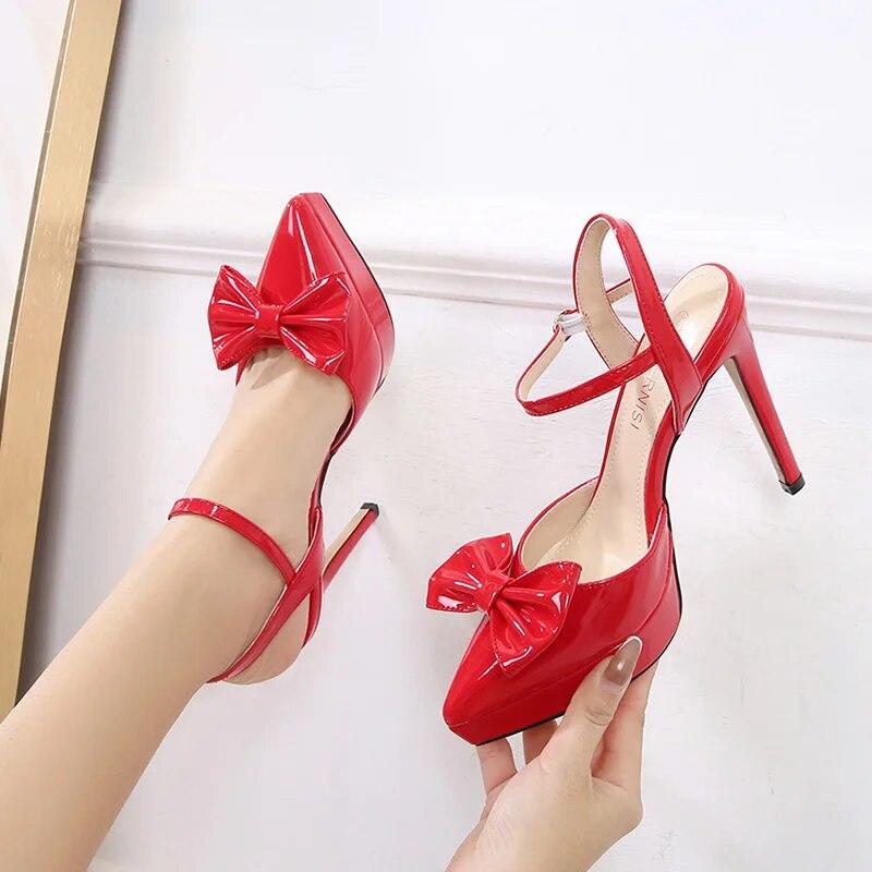 Женские туфли на шпильке, пикантные модные сандалии с острым носком и бантом, каблук 12 см, платформа 2,5 см WZ