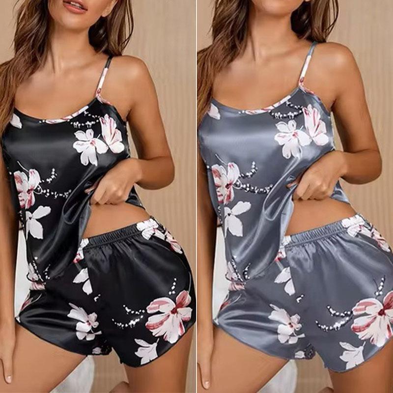 Trendy Casual Sleep Printed Camisole Tank Top Set Shorts Black Printed Camisole Women's Grey Sexy Elastic Waist Shorts Set