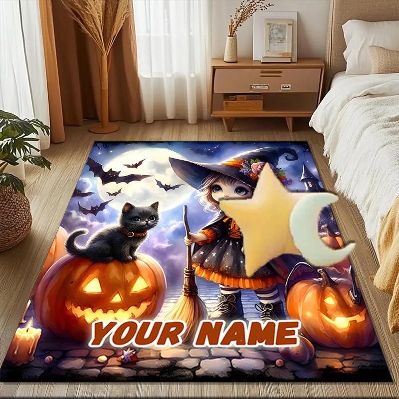 1PC Custom Name Halloween Magic Night Theme Floor Mat Ideal for Living Room, Game Rooms, Office, Bedroom, Office Floor Mat , Floor Mats for Home