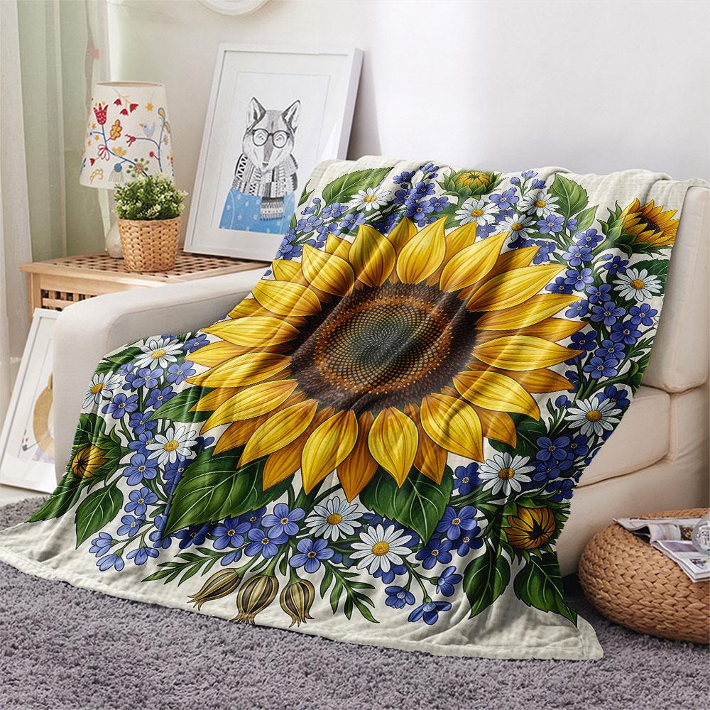 1PC Sunflower Garden Print Flannel Blanket High quality All Seasons for Home Decor Warmth and Comfort Gifts Birthday Gifts