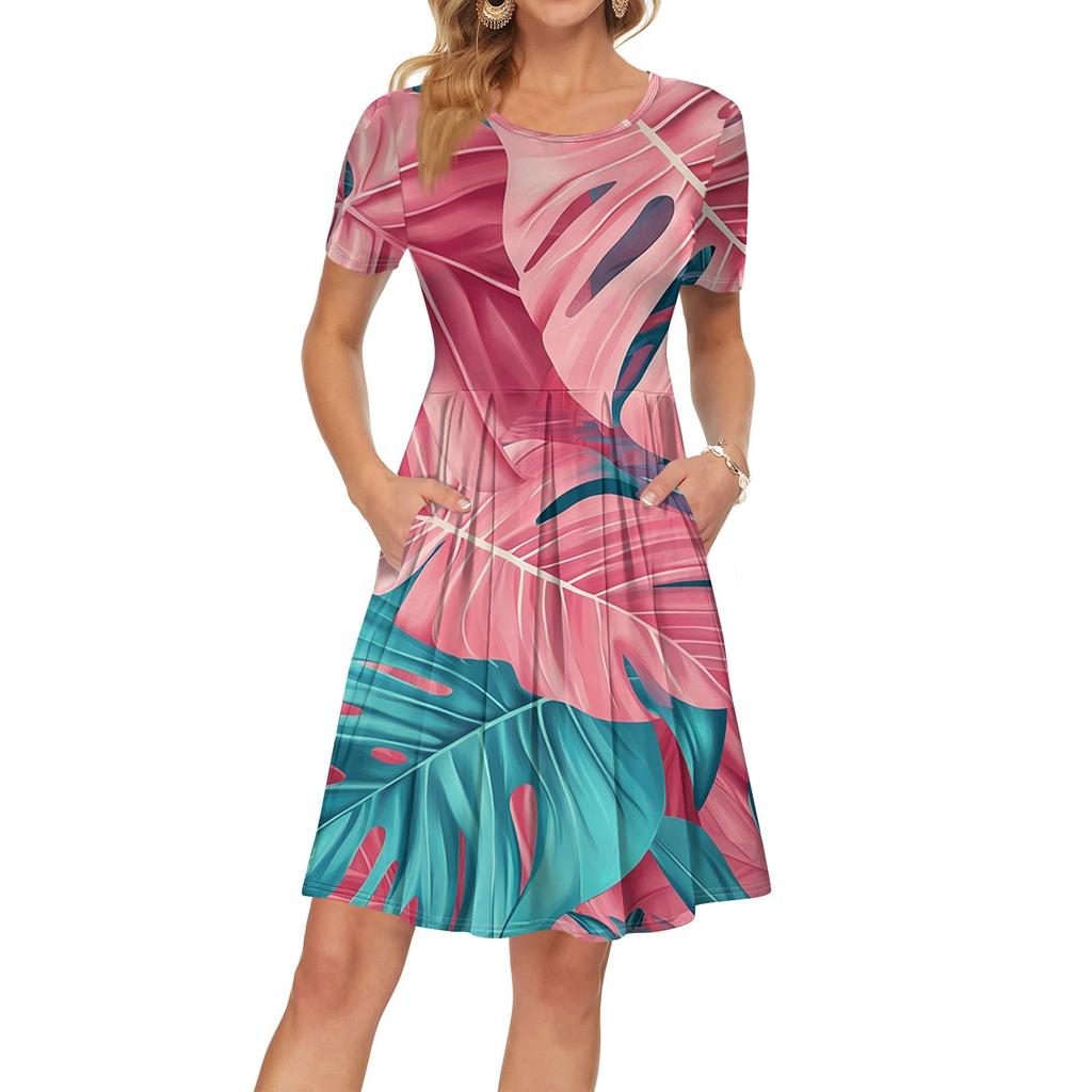 Женское платье с коротким рукавом, плиссированное, свободное, повседневное платье с карманами, платья длиной до колена