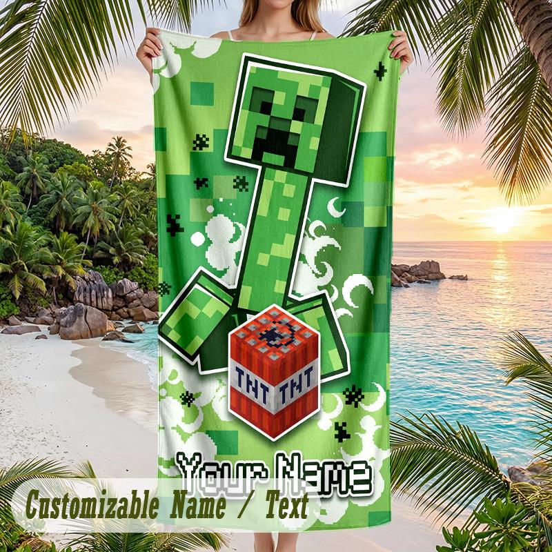 Minecraft Beach Towel, Personalized Custom Text, Quick Dry Soft Large Towel For Swimming Pool Travel