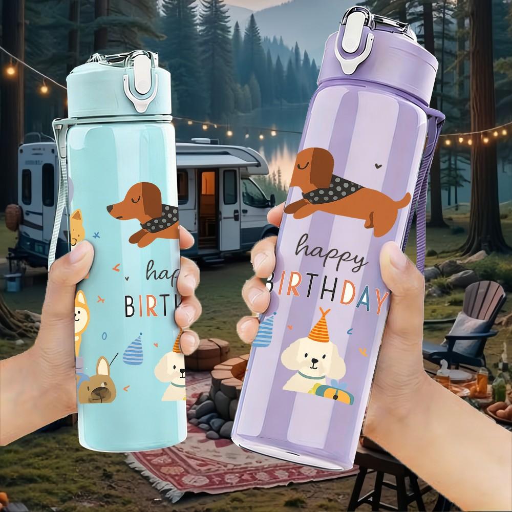 1PC Happy Birthday Dachshund Art 750ml Color Plastic Sports Water Bottle Leakproof Flip Straw Lid Suitable for Sports Office Home Use