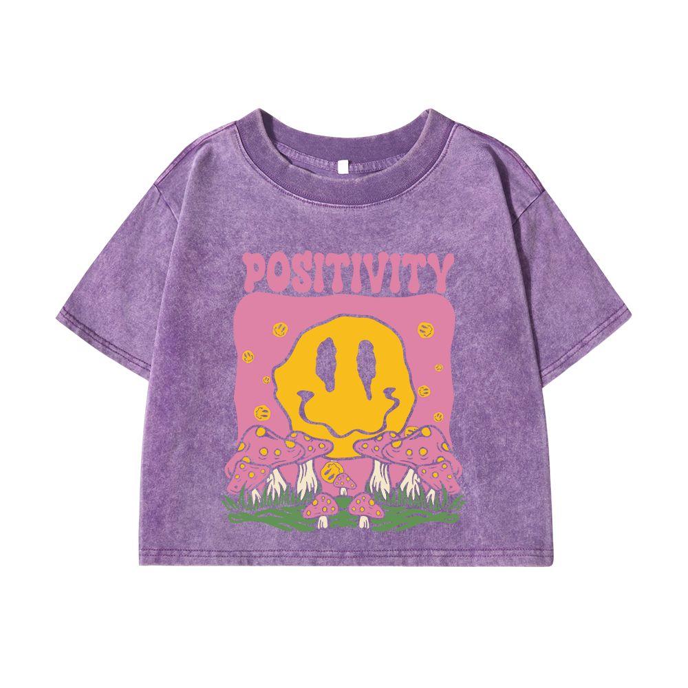 Женские хлопковые укороченные футболки с принтами грибов, смайлика, позитивной надписи, топы с круглым вырезом, состаренная женская одежда