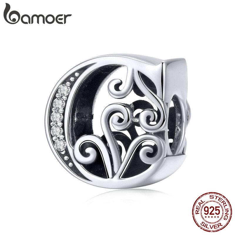 BAMOER Genuine 925 Sterling Silver Letter C Alphabet Beads Charms Fit Charm Bracelets & Bangles DIY