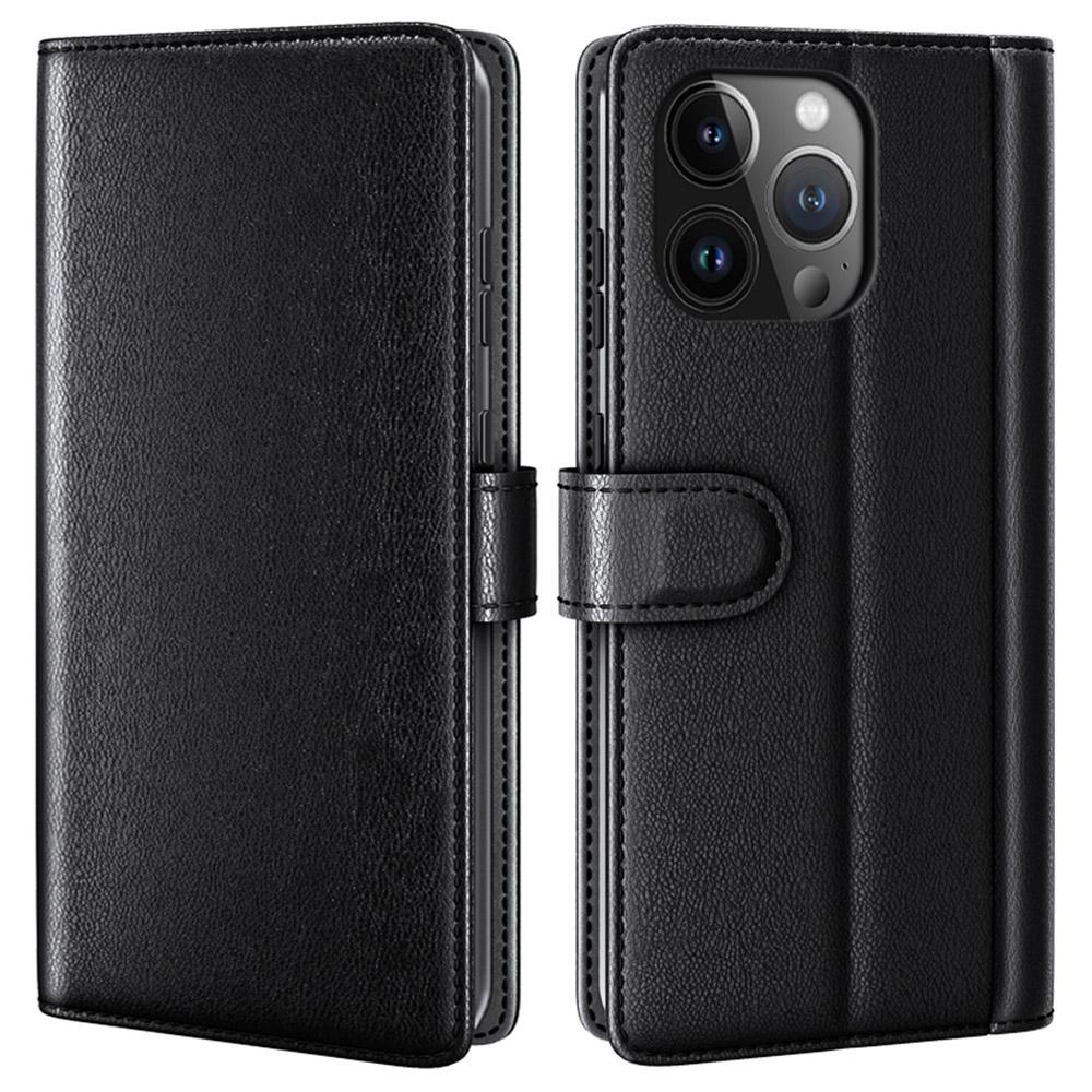 For iPhone 15 Pro Stand Cases Calf Texture Genuine Split Leather Wallet Phone Cover