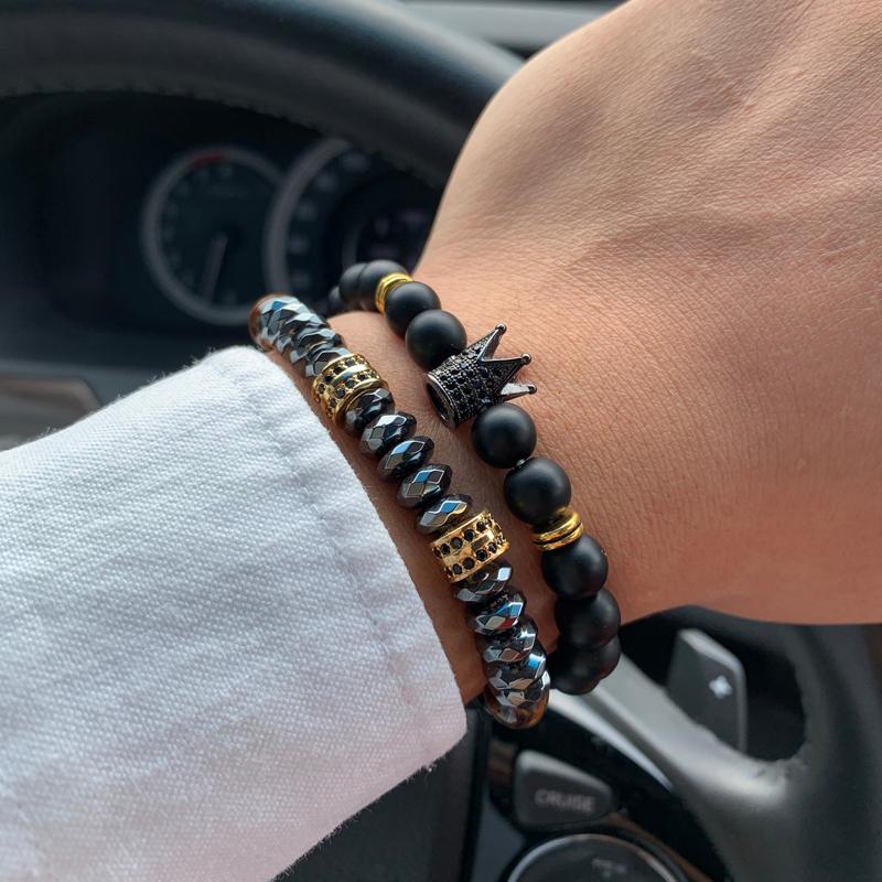 Классический мужской браслет из 2 шт./комплект с львиной трубкой и фианитами, роскошный матовый браслет с бусинами и тигровым глазом для мужчин, ювелирный подарок