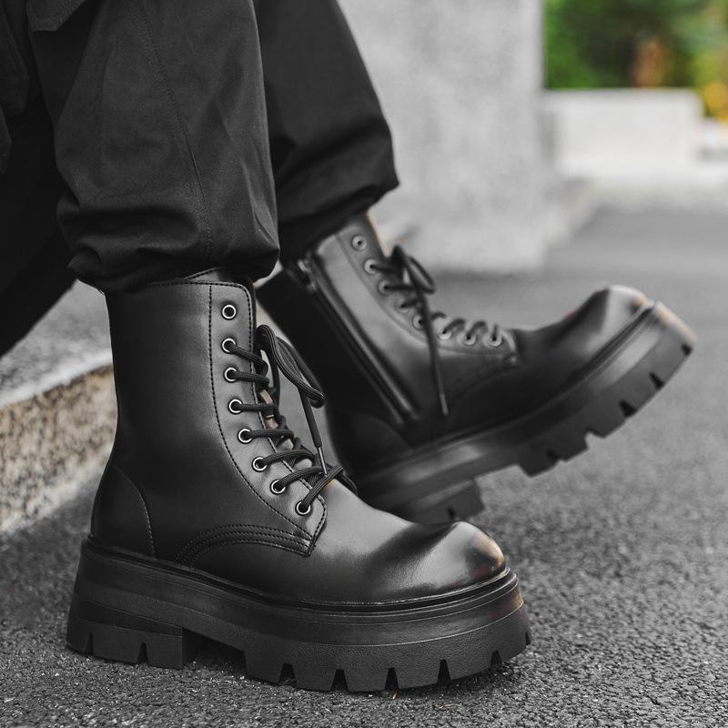 Men Fashion High Motorcycle Boots Lace-up Platform Shoes Punk Rock Dress Genuine Leather Boot Designer Cool Long Botas Masculina