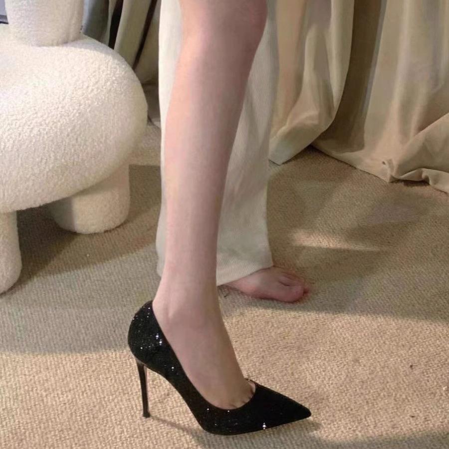 2024 новые туфли на высоком каблуке с красной подошвой, женские туфли с тонким каблуком и блестками, французские туфли для ночного шоу и профессионального подиума